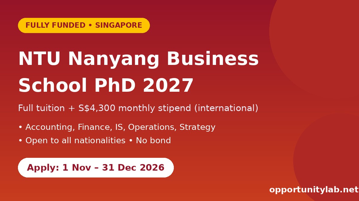 NTU Nanyang Business School PhD Scholarship 2027 flyer, apply 1 November to 31 December 2026