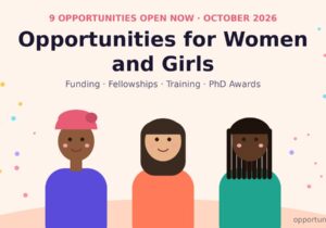 Illustration of three women for a roundup of opportunities for women and girls open in October 2026