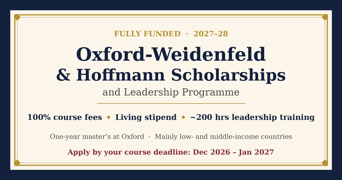 Oxford-Weidenfeld and Hoffmann Scholarships 2027–28: fully funded one-year master's with leadership training, apply by your course deadline