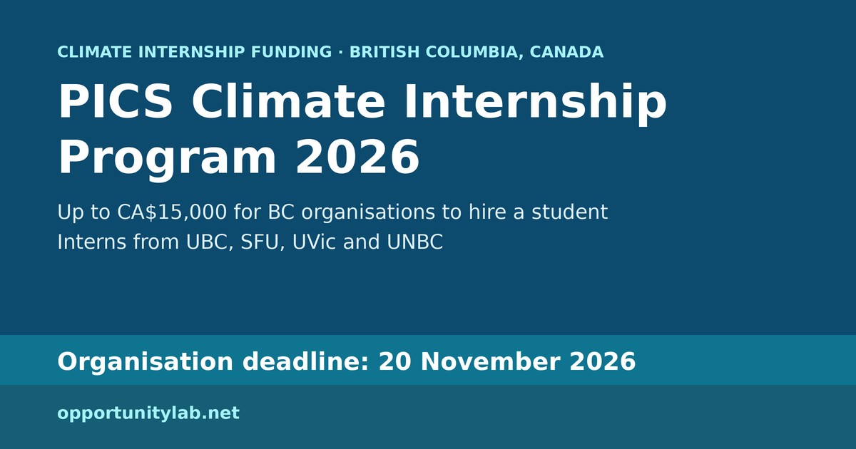 PICS Climate Internship Program 2026, up to CA$15,000 for British Columbia organisations to hire a student intern from UBC, SFU, UVic or UNBC, deadline 20 November 2026