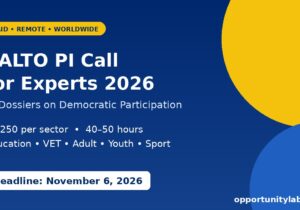 SALTO PI Call for Experts 2026 for P2 Dossiers on democratic participation, paid remote work at 1,250 euros per sector, deadline November 6, 2026
