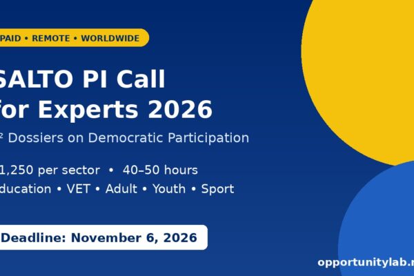 SALTO PI Call for Experts 2026 for P2 Dossiers on democratic participation, paid remote work at 1,250 euros per sector, deadline November 6, 2026