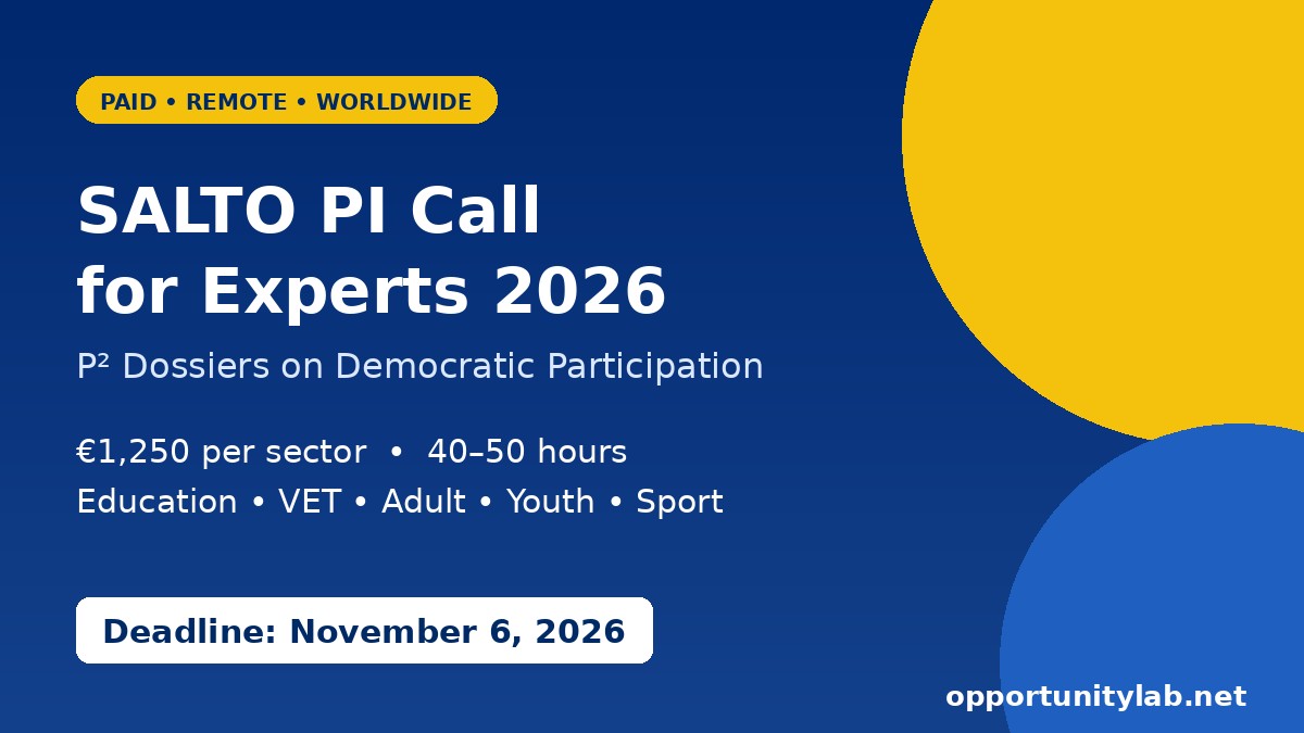 SALTO PI Call for Experts 2026 for P2 Dossiers on democratic participation, paid remote work at 1,250 euros per sector, deadline November 6, 2026