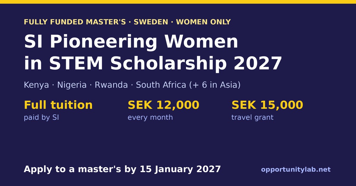 Swedish Institute Pioneering Women in STEM Scholarship 2027, fully funded master in Sweden for women from Kenya, Nigeria, Rwanda and South Africa, apply to a master by 15 January 2027