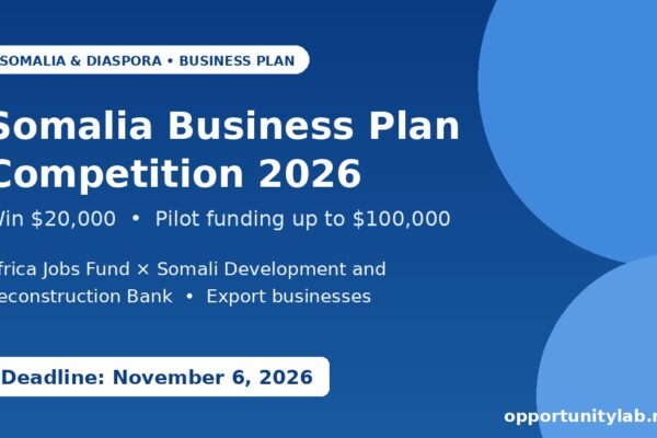 Africa Jobs Fund and SDRB Somalia Business Plan Competition 2026, win $20,000 with pilot funding up to $100,000, deadline November 6, 2026
