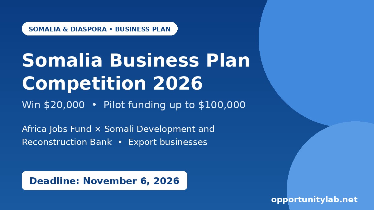 Africa Jobs Fund and SDRB Somalia Business Plan Competition 2026, win $20,000 with pilot funding up to $100,000, deadline November 6, 2026
