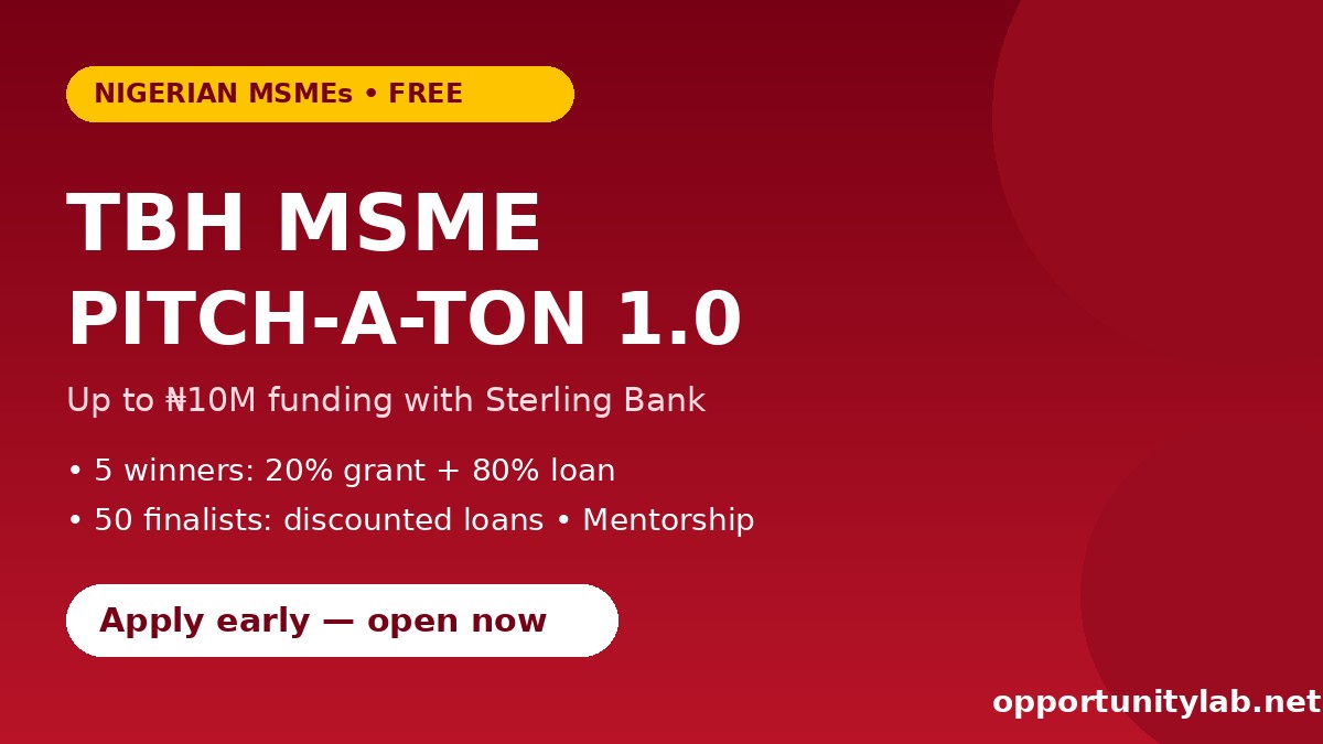 TBH MSME PITCH-A-TON 1.0 flyer, up to 10 million naira funding for Nigerian MSMEs with Sterling Bank