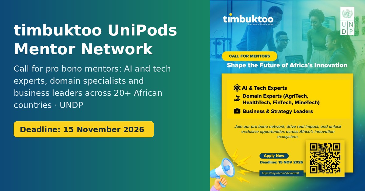 timbuktoo UniPods Mentor Network call for mentors, deadline 15 November 2026