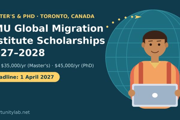 Illustration of a student with a laptop in front of a globe for the TMU Global Migration Institute Scholarships 2027-2028
