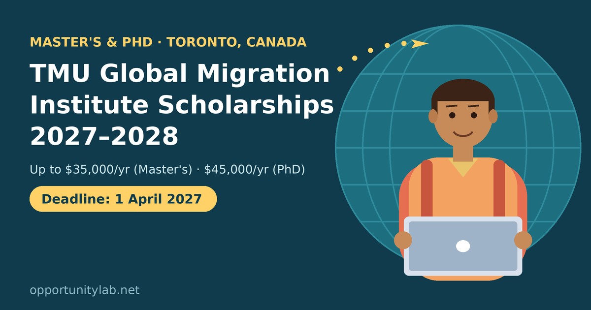 Illustration of a student with a laptop in front of a globe for the TMU Global Migration Institute Scholarships 2027-2028