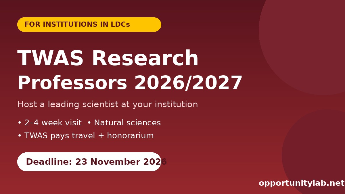 TWAS Research Professors in LDCs 2026/2027 flyer, deadline 23 November 2026