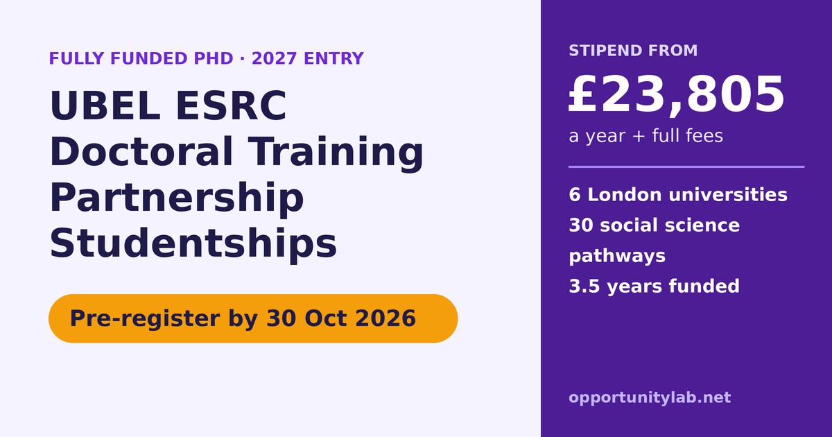 UBEL ESRC Doctoral Training Partnership Studentships 2027, fully funded PhD in London with a stipend from 23,805 pounds a year, pre-register by 30 October 2026