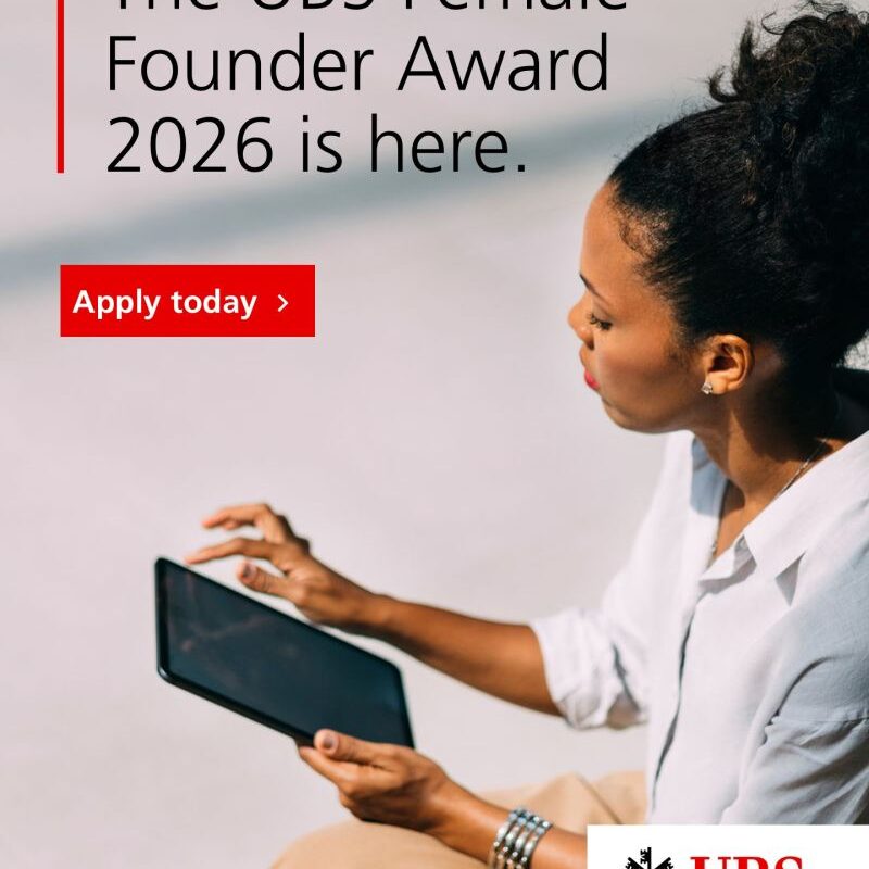 UBS Female Founder Award 2026 flyer showing a woman founder using a tablet