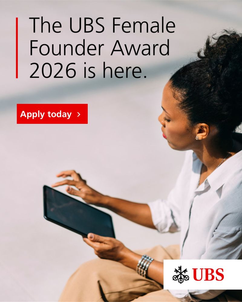 UBS Female Founder Award 2026 flyer showing a woman founder using a tablet