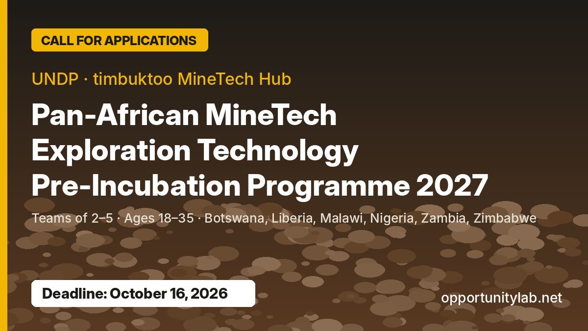 UNDP MineTech Pre-Incubation Programme 2027 banner with an October 16, 2026 deadline