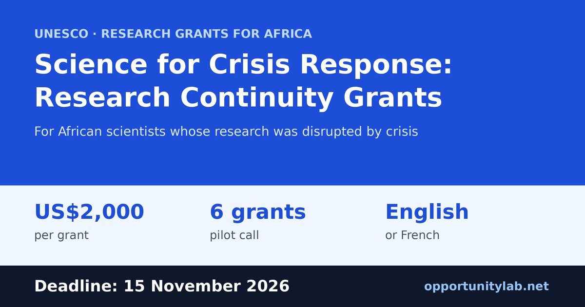 UNESCO Science for Crisis Response Research Continuity Grants for Africa 2026, six grants of up to US$2,000 for African scientists whose research was disrupted by crisis, deadline 15 November 2026