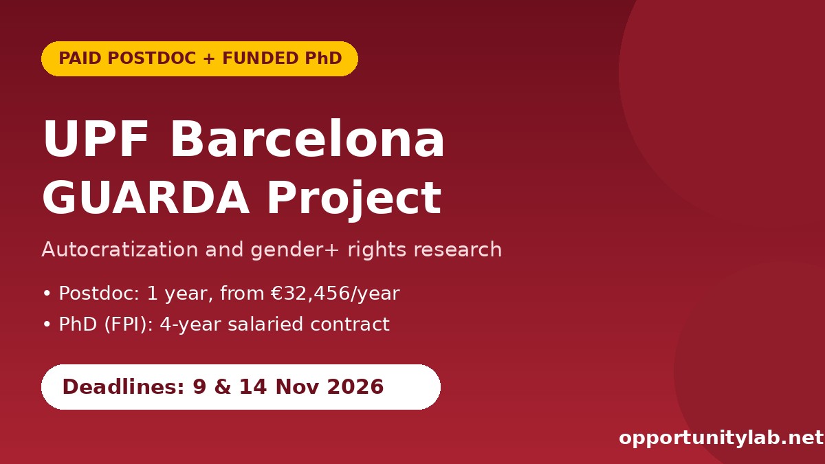 UPF Barcelona GUARDA postdoc and PhD positions flyer, deadlines 9 and 14 November 2026