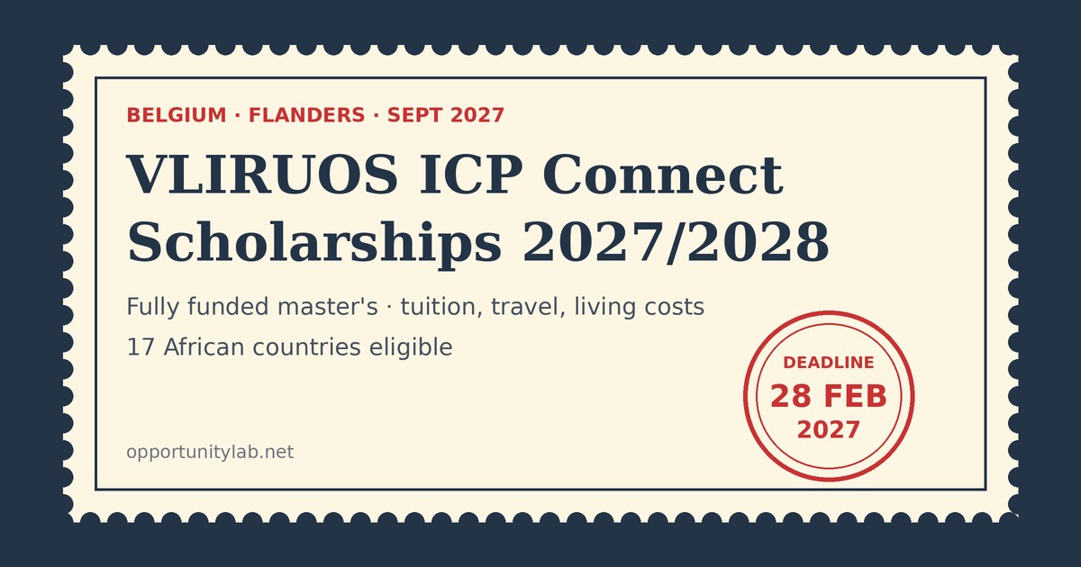 VLIRUOS ICP Connect Scholarships 2027/2028: fully funded master's in Flanders, Belgium, 17 African countries eligible, deadline 28 February 2027