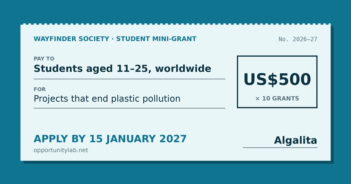 Wayfinder Society Student Mini-Grant: US$500 for students aged 11-25 worldwide fighting plastic pollution, apply by 15 January 2027