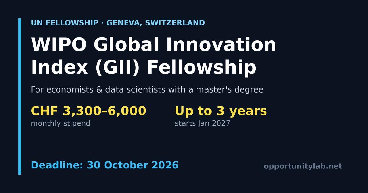 WIPO Global Innovation Index Fellowship in Geneva, with a monthly stipend of CHF 3,300 to 6,000 for up to 3 years starting January 2027, deadline 30 October 2026