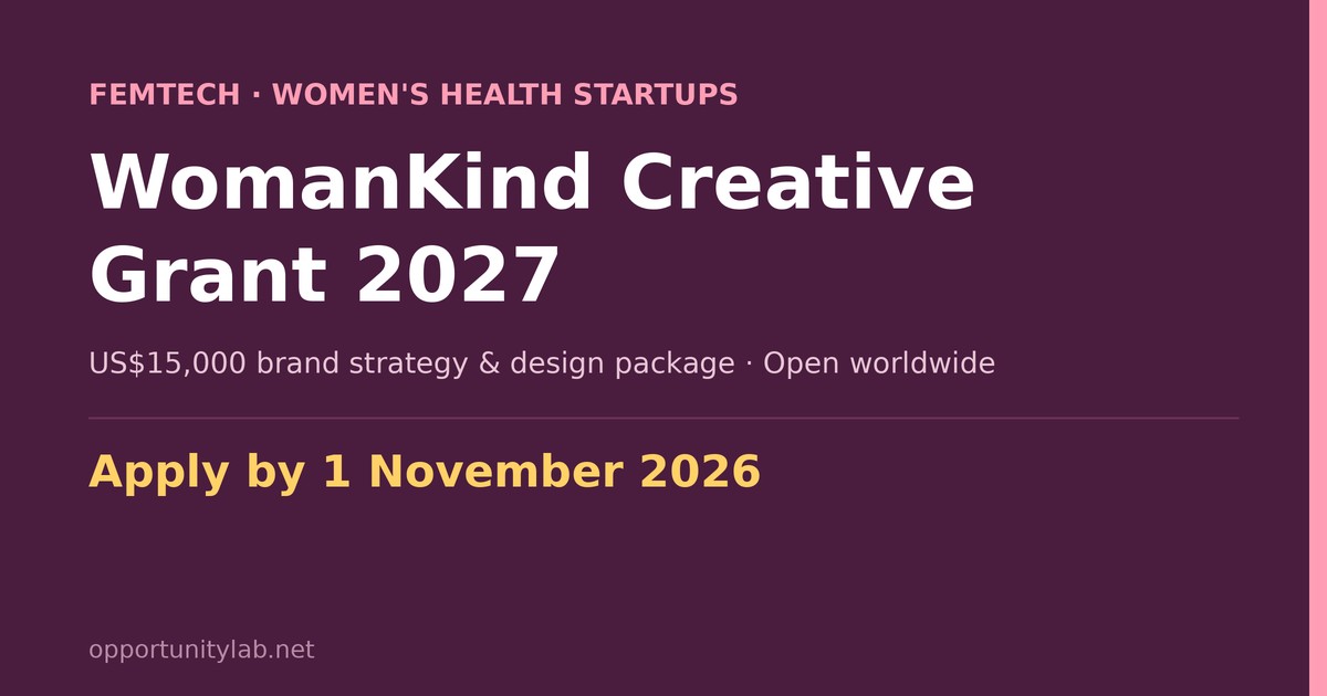 WomanKind Creative Grant 2027, US$15,000 brand and design package for femtech startups, apply by 1 November 2026