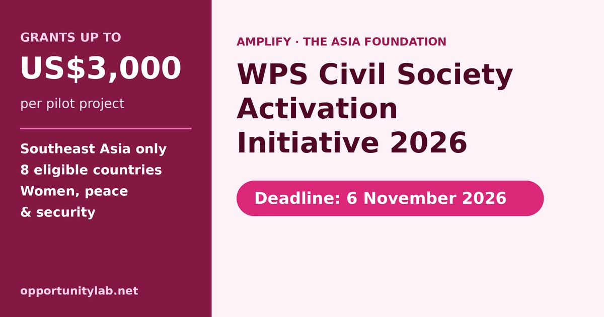 WPS Civil Society Activation Initiative 2026, grants of up to US$3,000 for women, peace and security pilot projects in Southeast Asia, deadline 6 November 2026