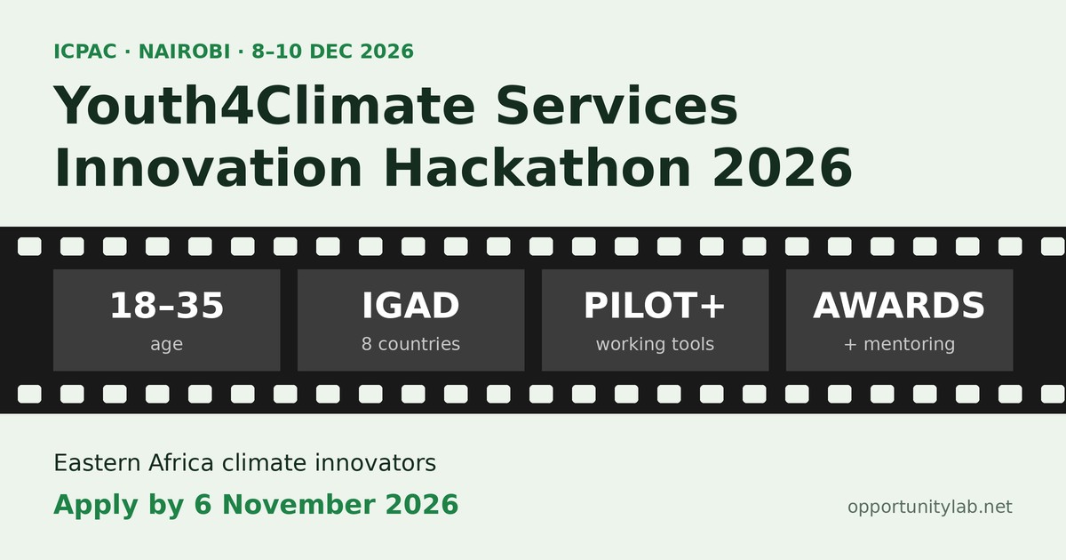 Text graphic: Youth4Climate Services Innovation Hackathon 2026, film-strip frames reading 18–35 age, IGAD 8 countries, pilot-stage tools, awards and mentoring; apply by 6 November 2026